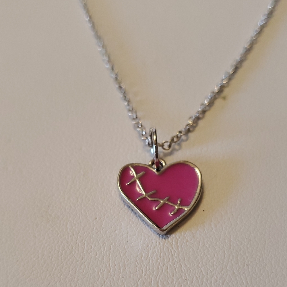 Mattel Pink Heart Enamel Silver Tone Pendant Necklace